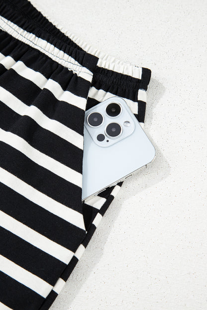 Black White Striped Short Sleeve Top and Shorts Set